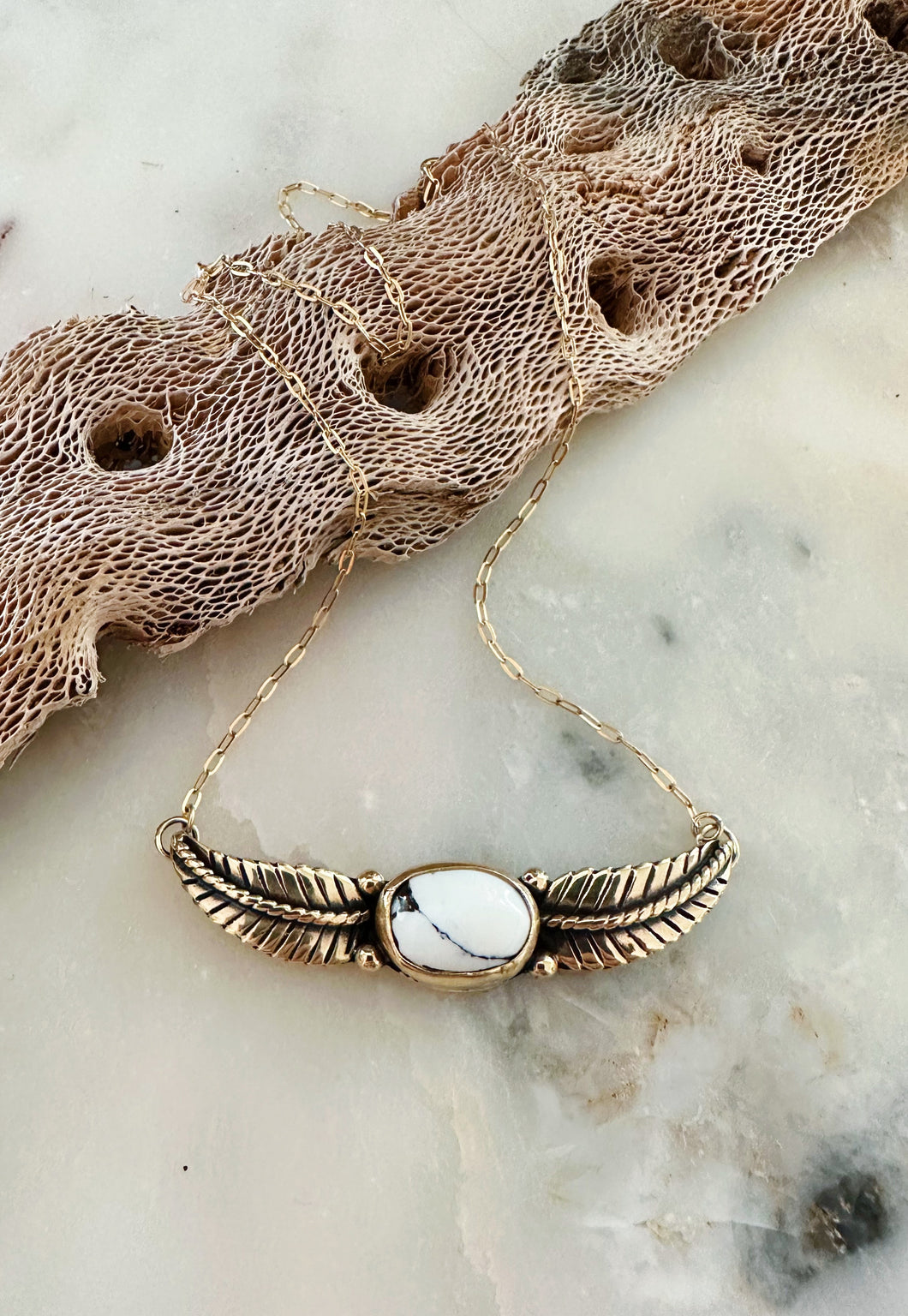 Spirit of the Desert Necklace | White Buffalo Turquoise and Feather Accents (16”)