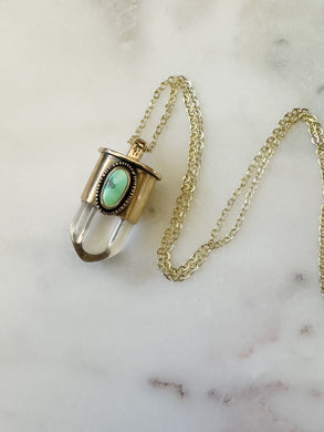 Red Brass Double Stone Talisman - Sierra Bella Turquoise & Clear Quartz