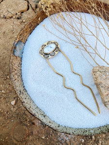 Red Brass Hair Fork - White Buffalo Turquoise