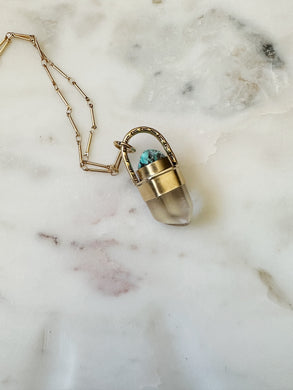 Red Brass Double Stone Talisman - Kingman nugget turquoise & Clear Quartz