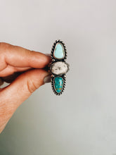 Load image into Gallery viewer, Sterling Silver with Sonoran, White Buffalo, and Baja Turquoise Ring sz 7