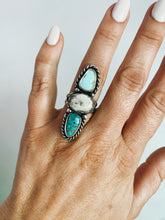 Load image into Gallery viewer, Sterling Silver with Sonoran, White Buffalo, and Baja Turquoise Ring sz 7