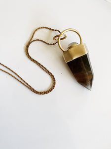 Smoky Amphibole Quartz & Rainbow Moonstone Talisman - Jewelers Brass