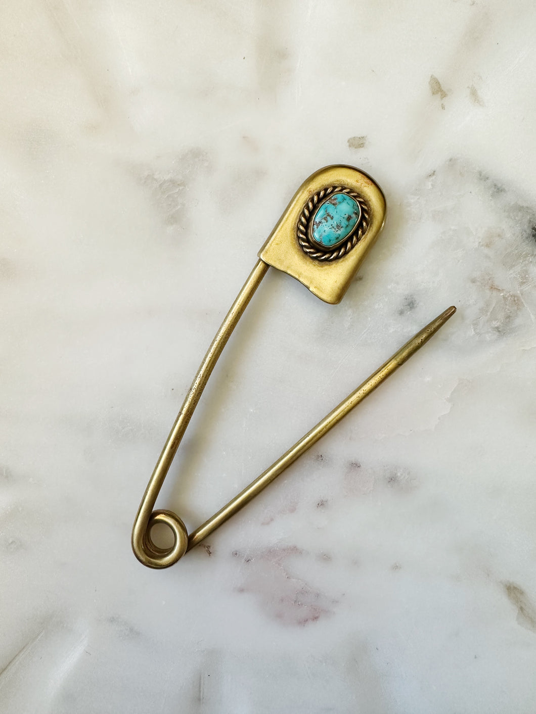Vintage brass Laundry Pin with Old Stock Turquoise