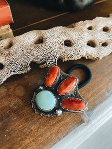 OCOTILLO Hair Tie - Sterling Silver with Old Stock Turquoise and Spiny Oyster Shell