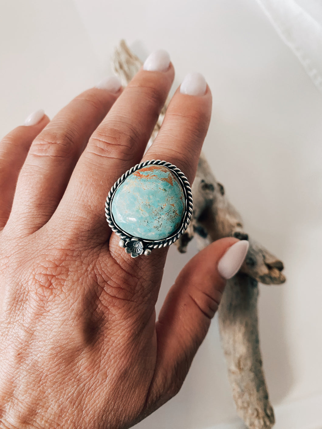 Old Stock Turquoise Floral ring in Sterling Silver
