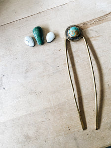Sterling Silver Hair Fork - White Buffalo and Hubei Turquoise
