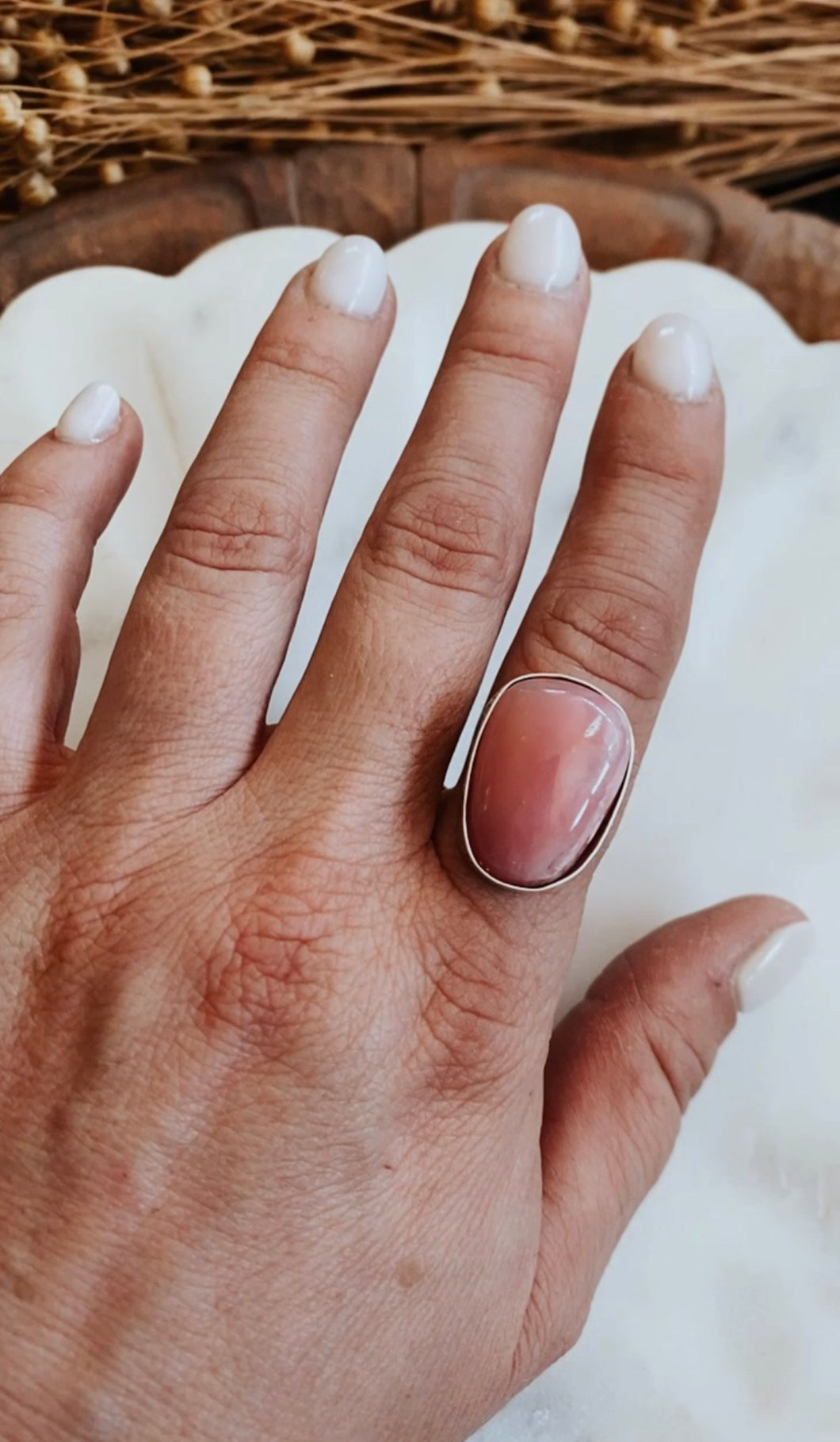 Simple Sun Stamped Pink Peruvian Opal Ring
