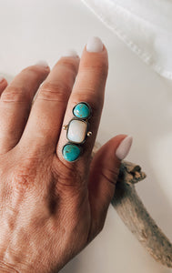 Australian Opal & Baja Turquoise ring in Red Brass & Sterling Silver