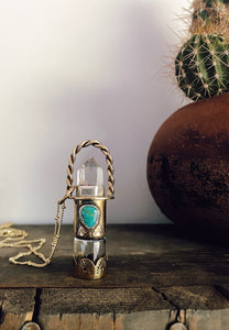 Double Stone Embellished Vial Rollerball Necklace - Garden Quartz and King's Manassa Turquoise