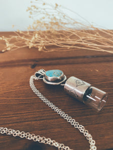 Sterling Silver Talisman Stamped Rollerball/Vial Necklace with Turquoise