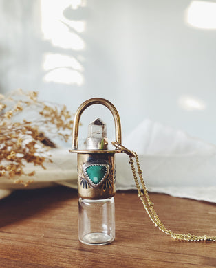 Double Stone Red Brass Vial Necklace - Lucin Variscite & Rutile Quartz