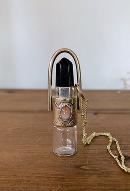 Double Stone Red Brass Stamped Rollerball/Vial Necklace with Obsidian and Sunstone