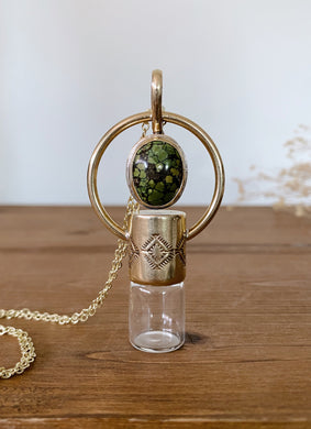 Floating Stone Red Brass Stamped Rollerball/Vial Necklace with Damele Turquoise
