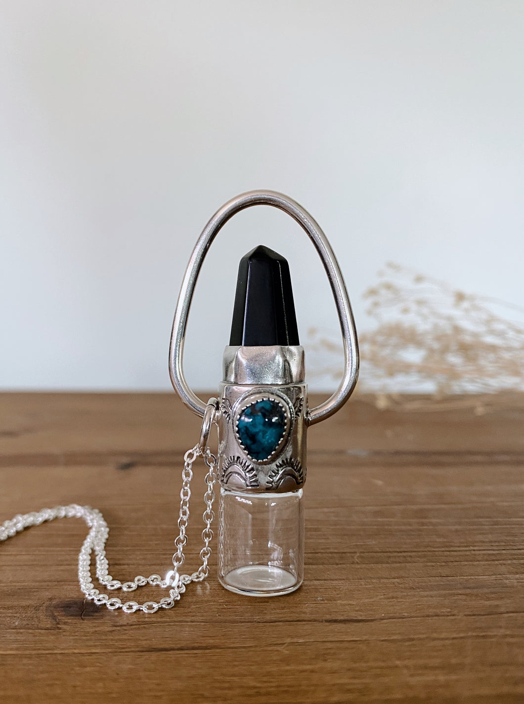 Double Stone Sterling Silver Stamped Rollerball/Vial Necklace with Obsidian and Turquoise